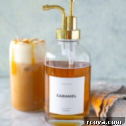 Barista Style Caramel Syrup for Iced Coffee 12 Caramel syrup with iced coffee on the side