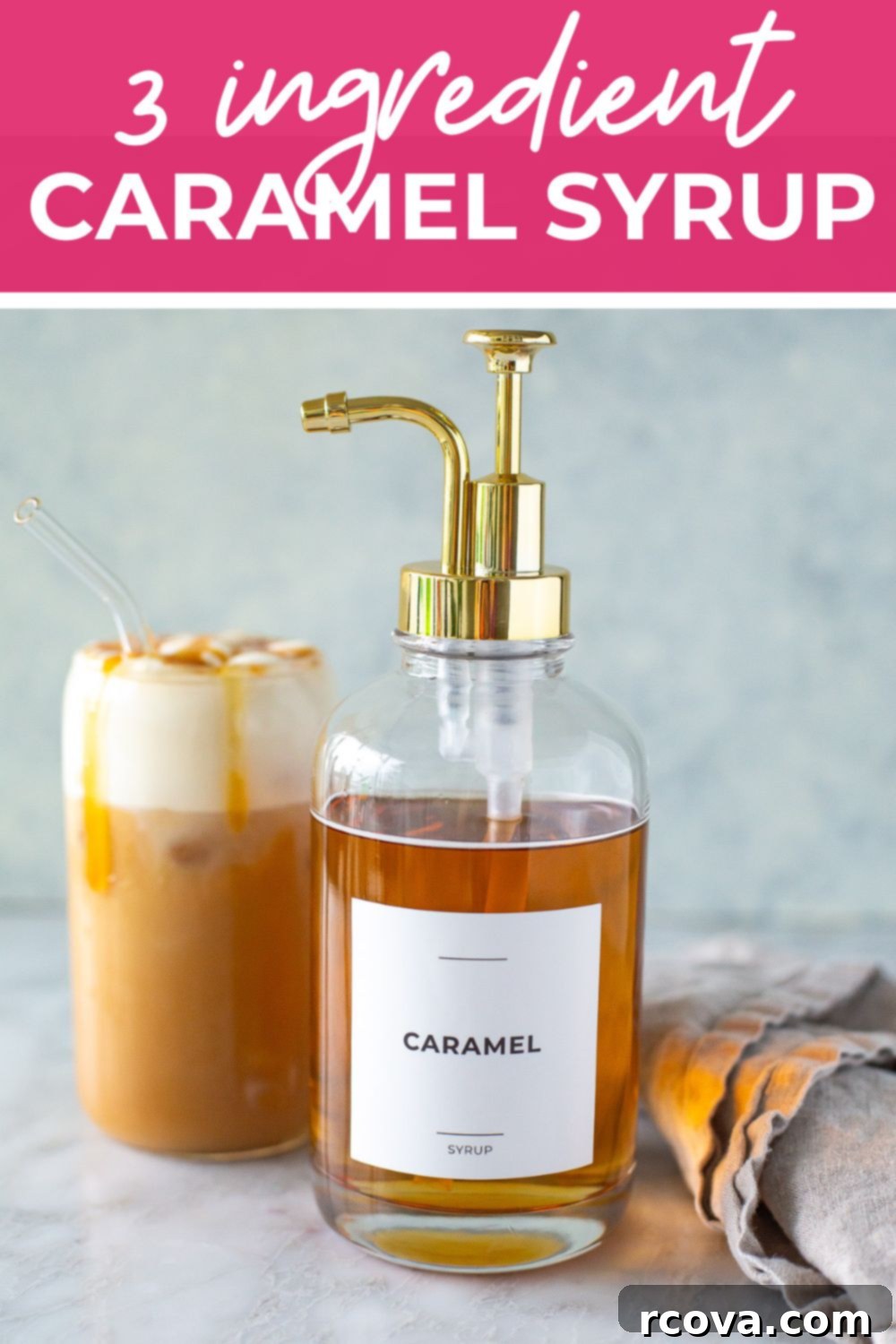 Barista Style Caramel Syrup for Iced Coffee 13 Caramel syrup in a glass jar with a label, ready for homemade coffee