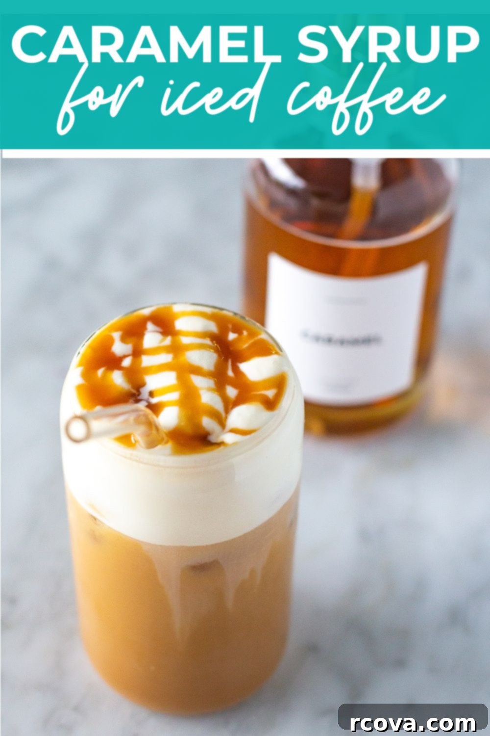 Barista Style Caramel Syrup for Iced Coffee 14 Close-up of caramel iced coffee with homemade syrup and a decorative straw.