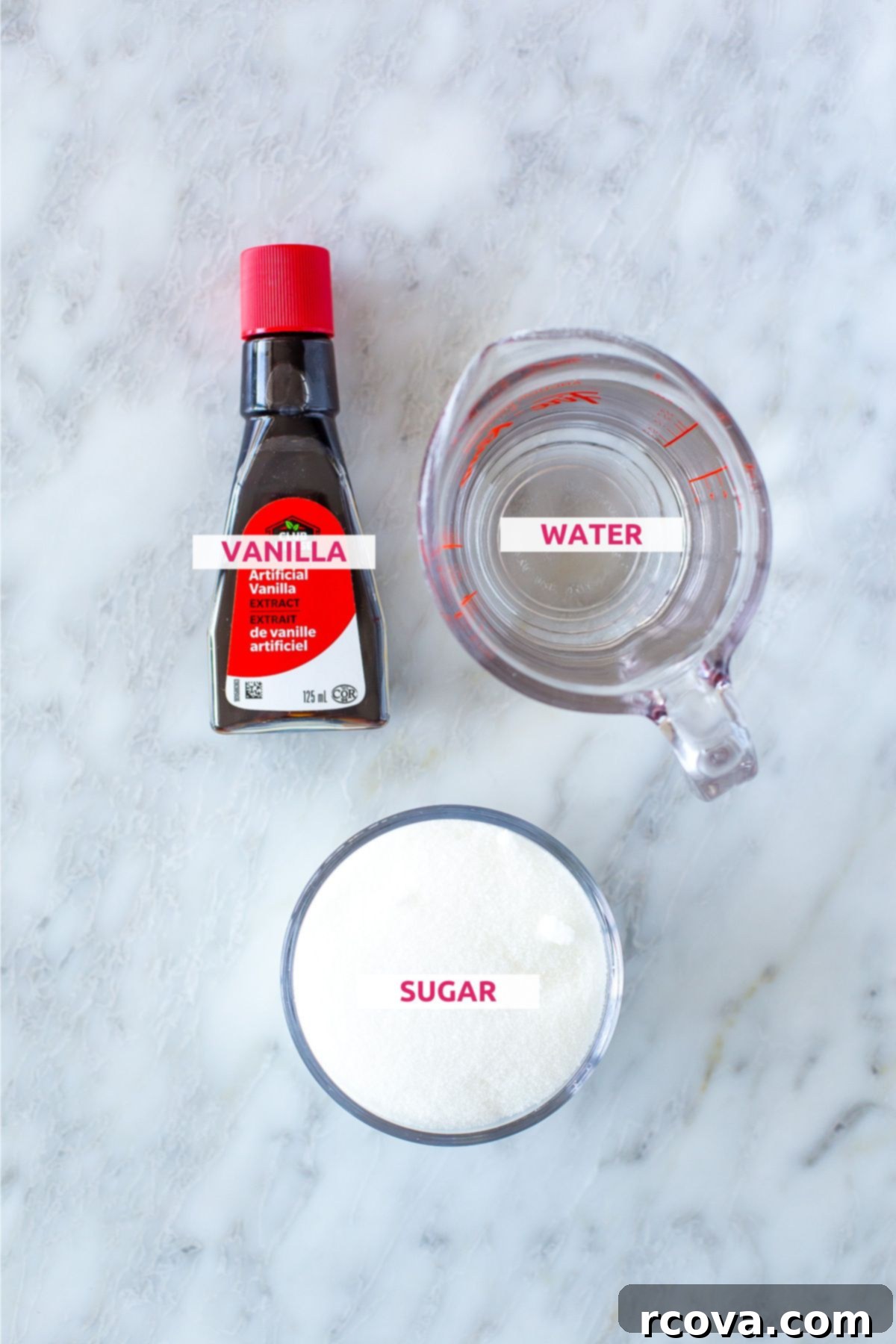 Barista Style Caramel Syrup for Iced Coffee 4 Three essential ingredients for homemade caramel syrup: white sugar, water, and vanilla extract.