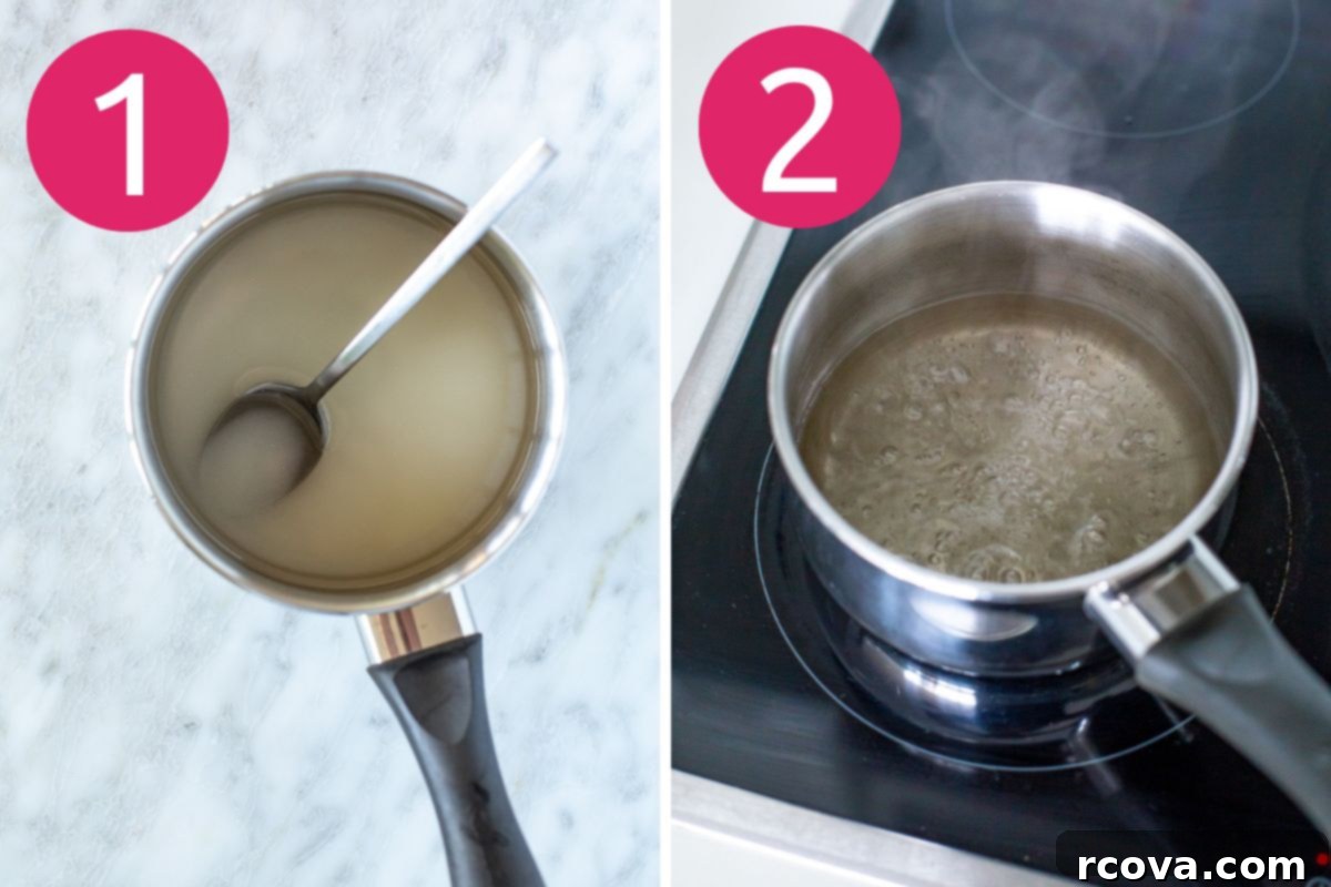 Barista Style Caramel Syrup for Iced Coffee 5 Collage showing granulated sugar and water being combined in a saucepan, followed by the mixture heating on the stove.