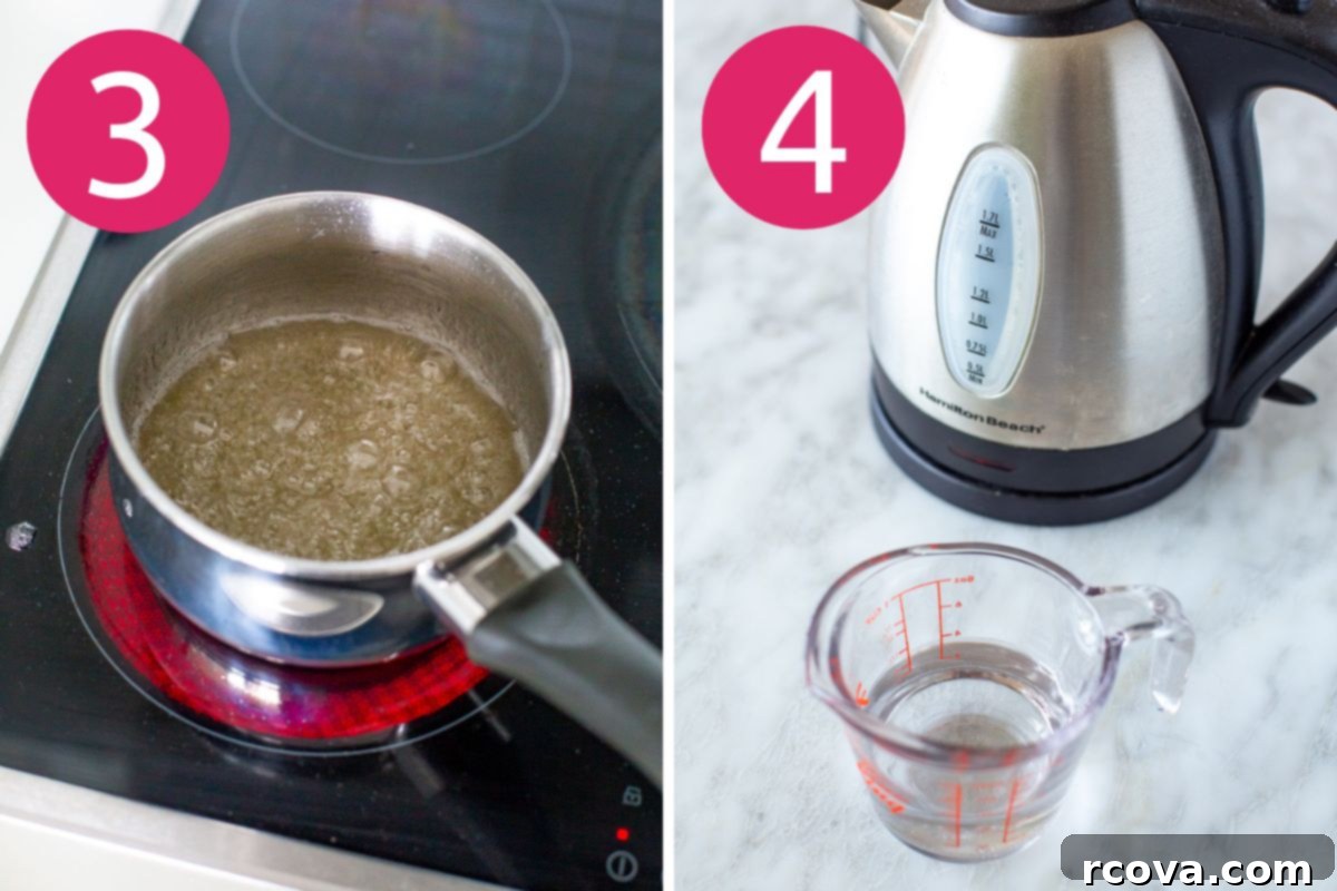 Barista Style Caramel Syrup for Iced Coffee 6 Collage displaying the caramel syrup boiling vigorously in a saucepan, and a kettle heating more water separately.