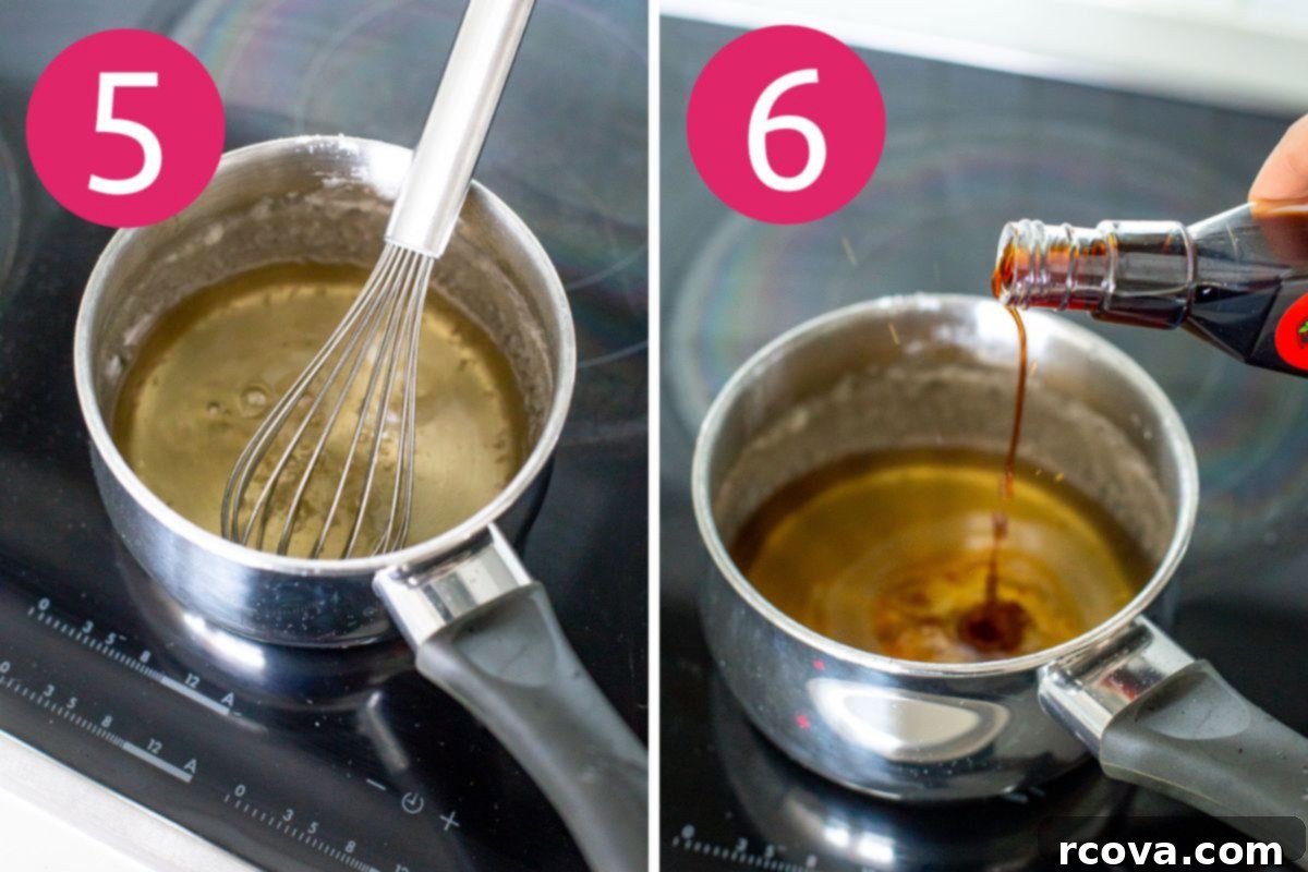 Barista Style Caramel Syrup for Iced Coffee 7 Collage showing the addition of boiling water to the hot caramel syrup with a whisk, followed by stirring in vanilla extract.