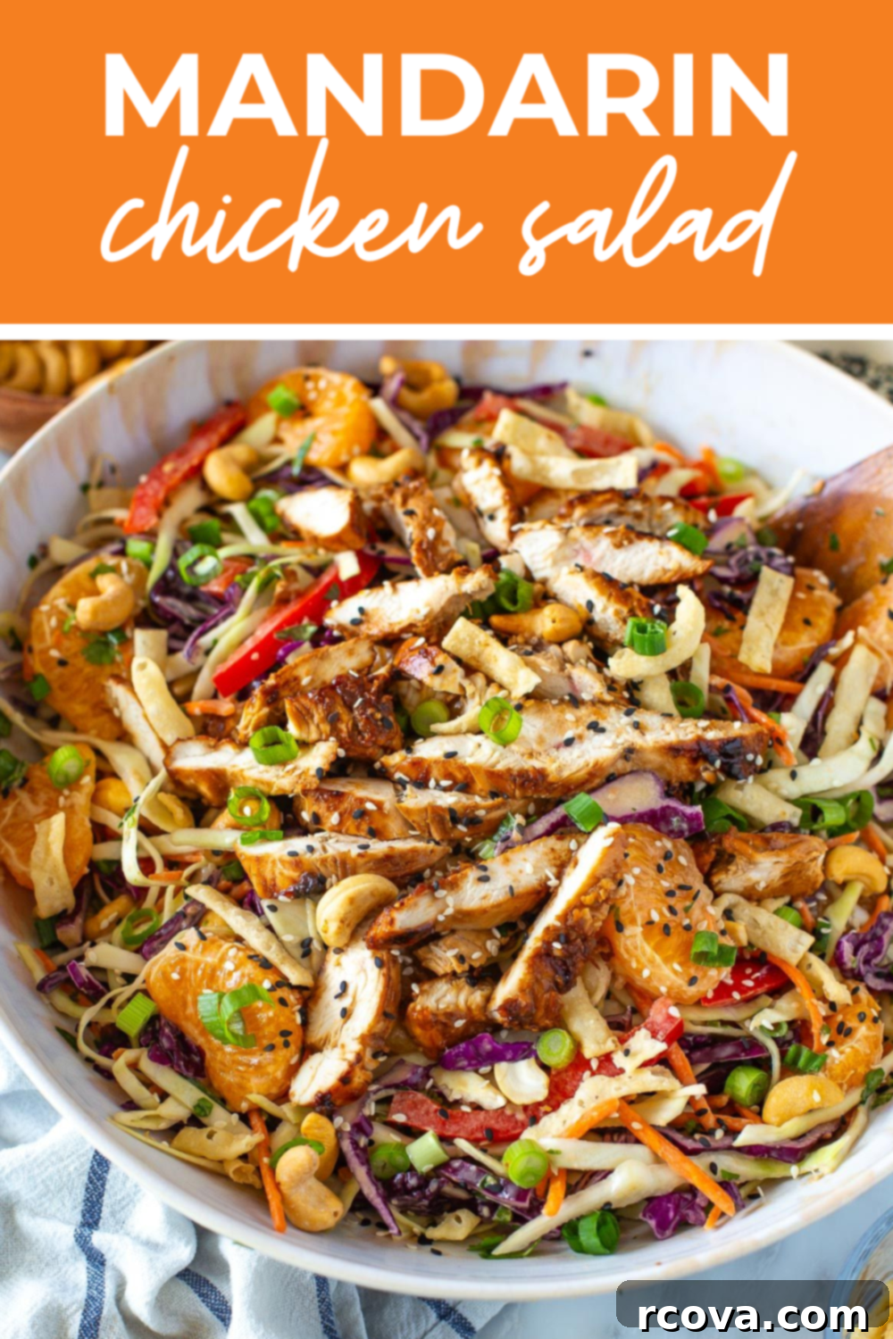 Vibrant Mandarin Chicken Salad 12 A close-up of salad with the text "Mandarin Chicken Salad" layered over top, visually appealing.
