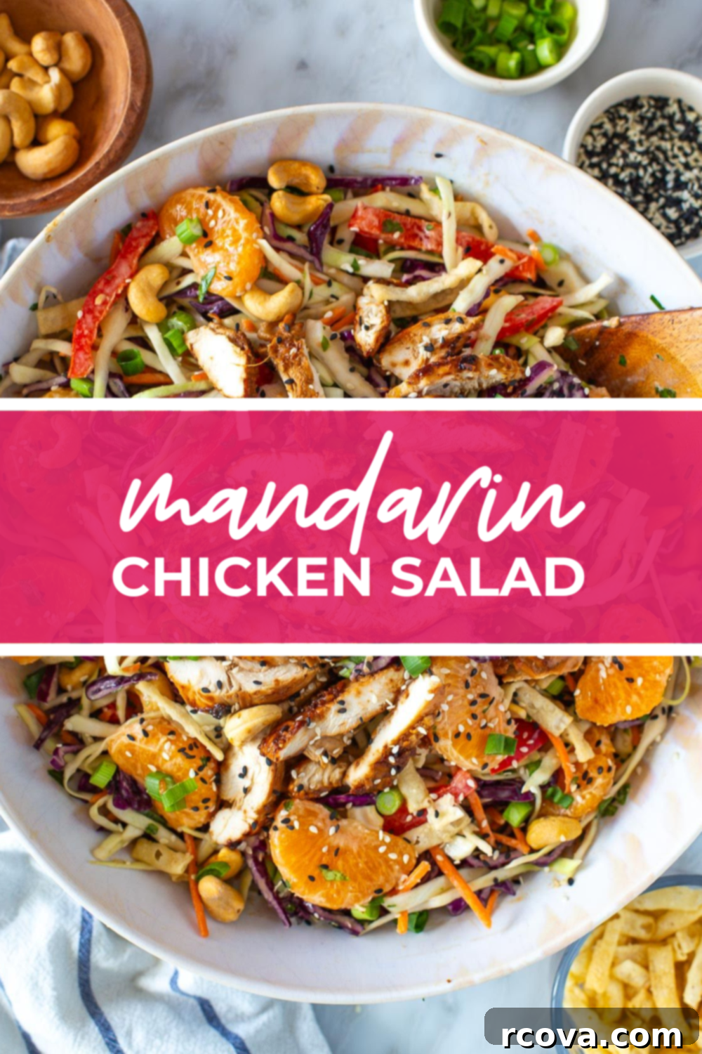 Vibrant Mandarin Chicken Salad 13 An overhead shot of salad with the text "Mandarin Chicken Salad" layered on top, showing all ingredients.