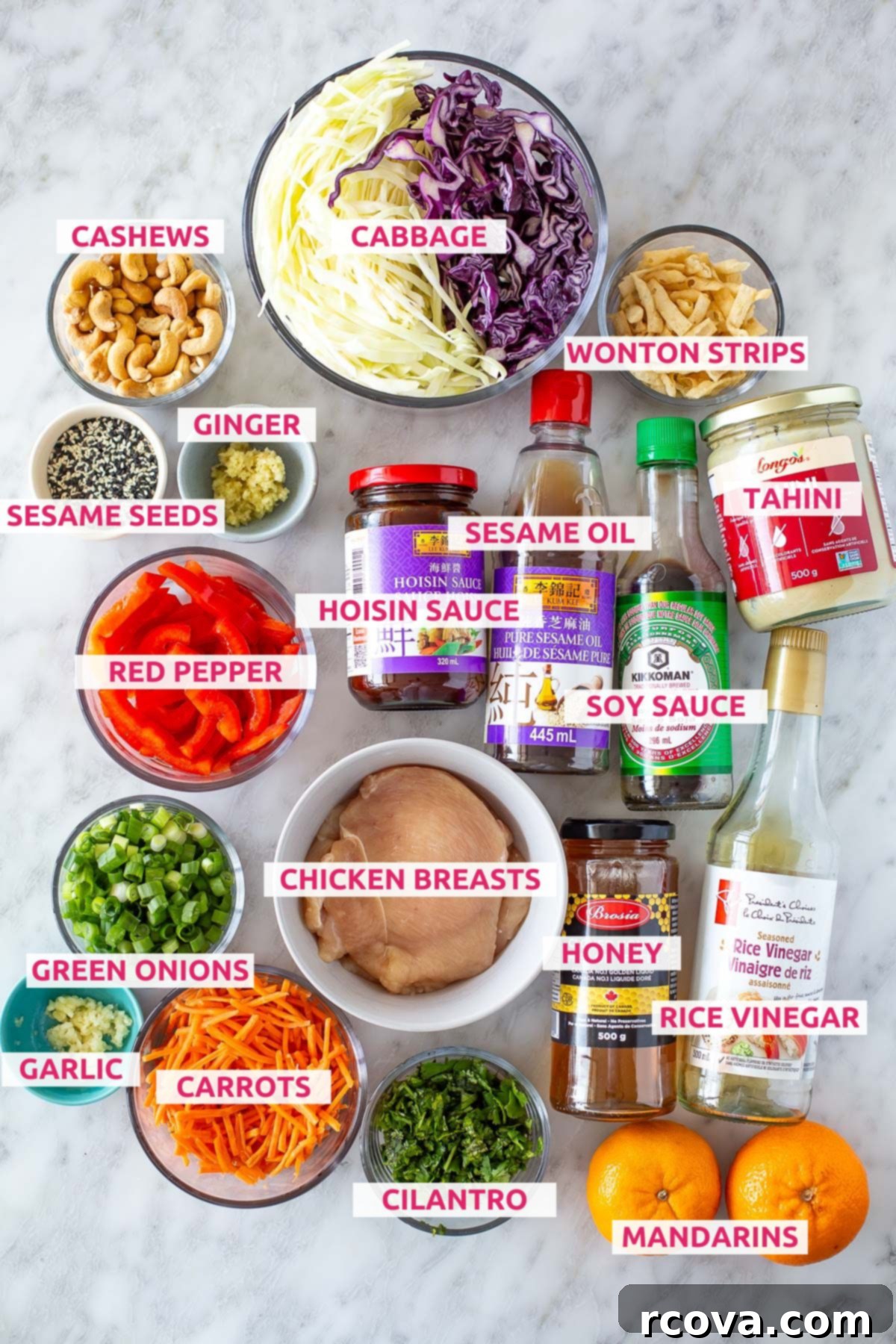 Vibrant Mandarin Chicken Salad 4 Overhead shot of labeled ingredients for Mandarin Chicken Salad, neatly arranged.