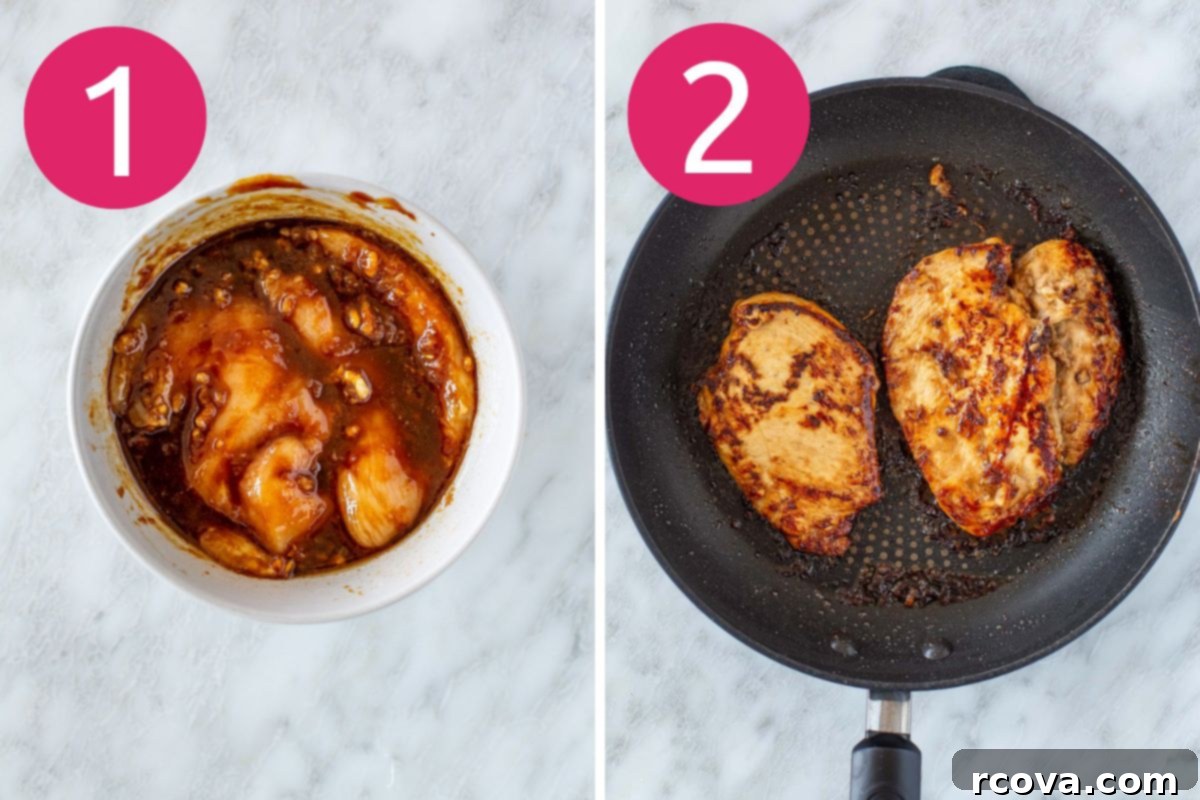 Vibrant Mandarin Chicken Salad 5 Steps 1 and 2 for making Mandarin Chicken Salad: Marinating and Cooking Chicken
