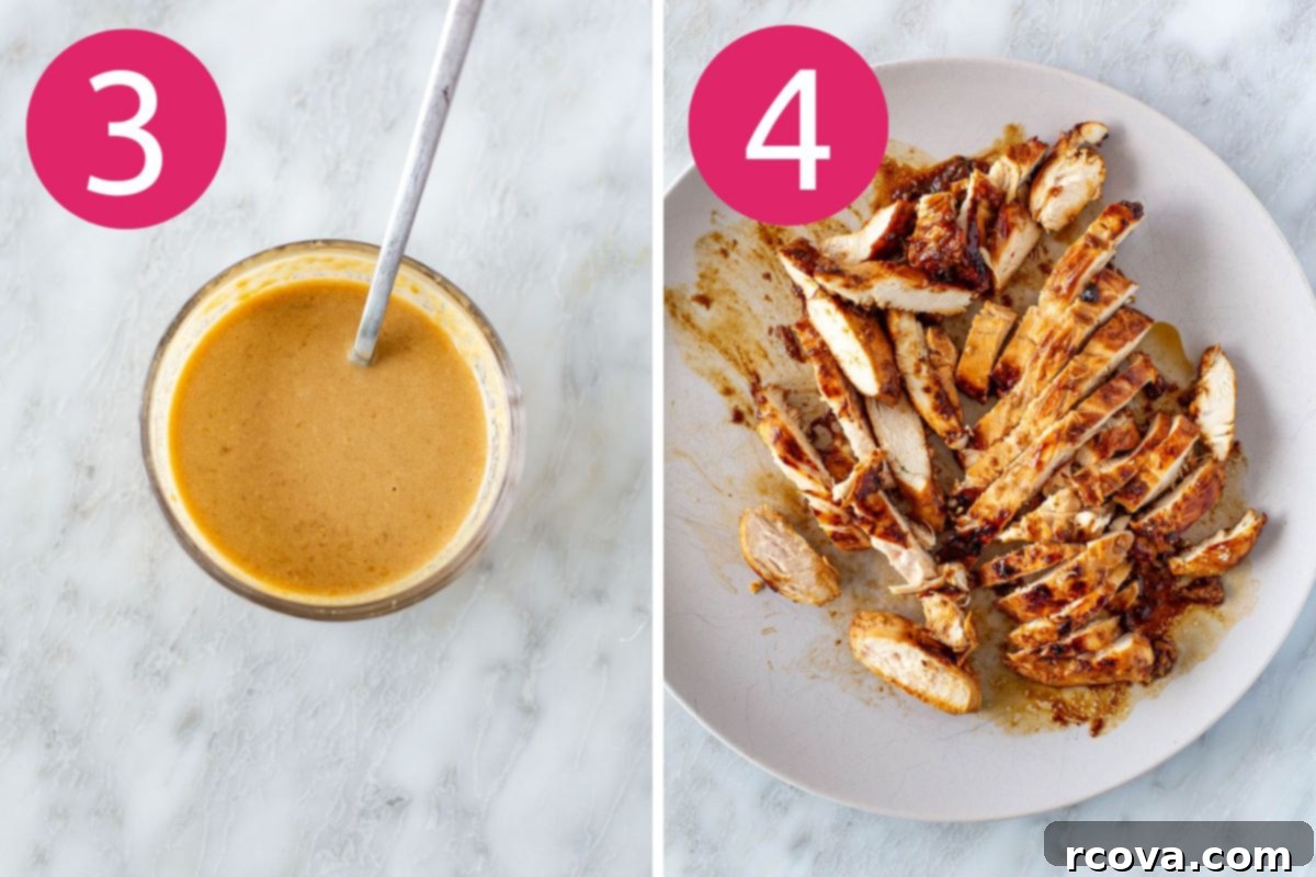 Vibrant Mandarin Chicken Salad 6 Steps 3 and 4 for making Mandarin Chicken Salad: Mixing Dressing and Slicing Chicken