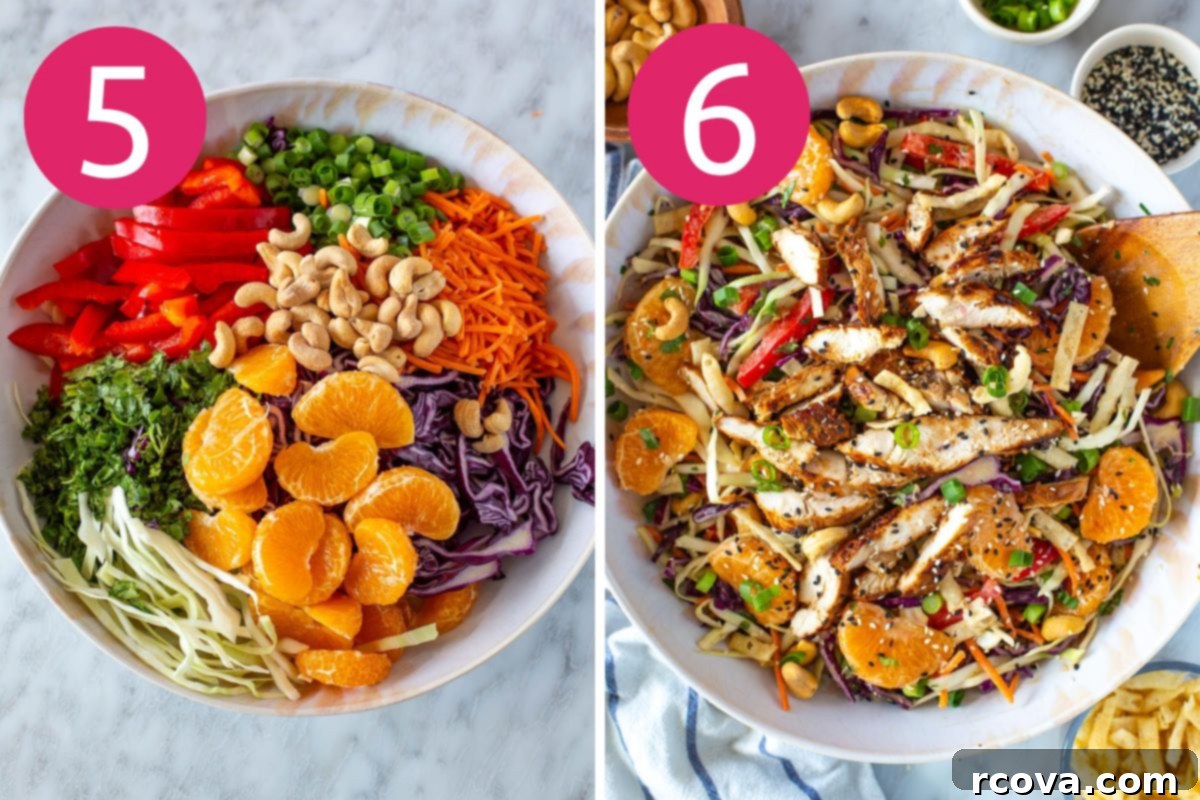 Vibrant Mandarin Chicken Salad 7 Steps 5 and 6 for making Mandarin Chicken Salad: Preparing Vegetables and Serving