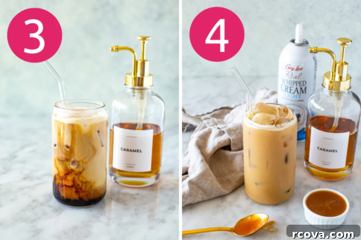 Effortless Iced Caramel Latte Dream 6 A visual of espresso and ice added to a glass containing caramel syrup, ready for milk.