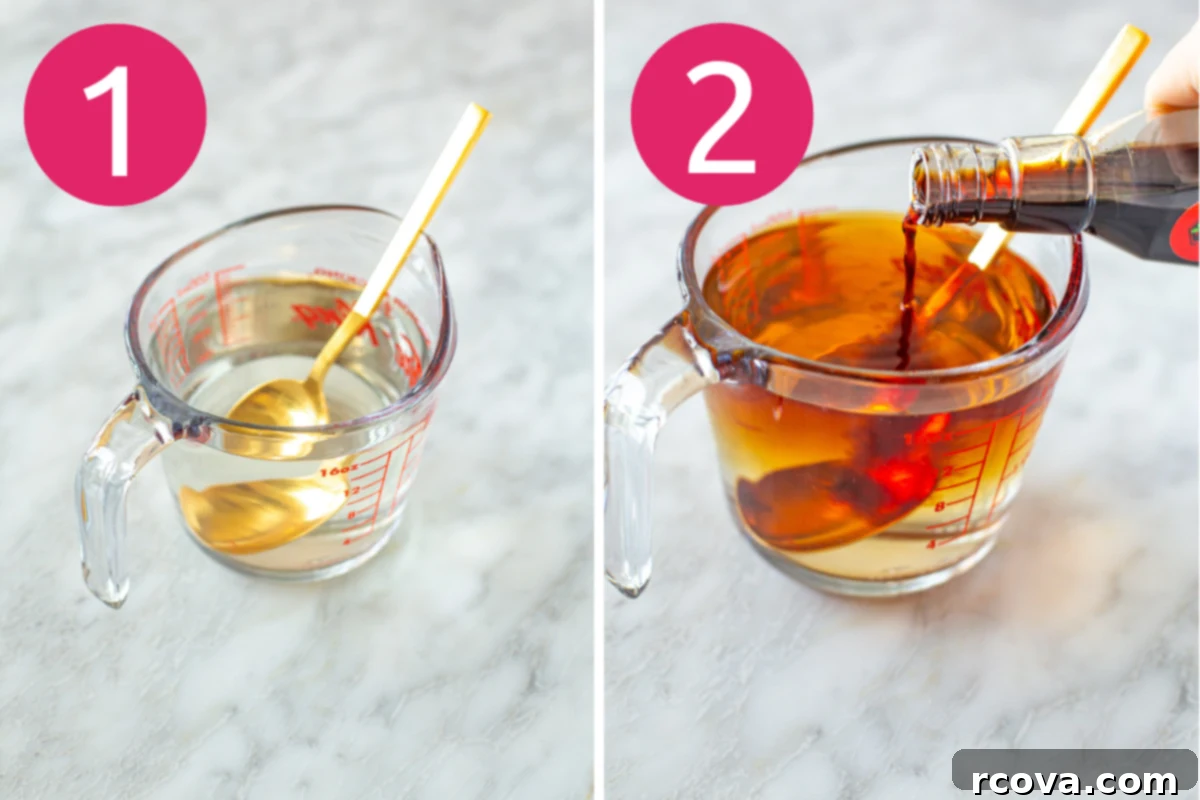 Easy Homemade Vanilla Syrup for Iced Coffee 5 Collage showing step 1: adding sugar to a mason jar, and step 2: pouring boiled water over the sugar and stirring.