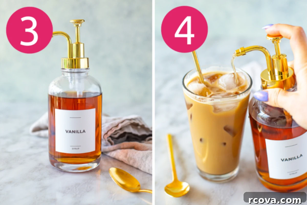 Easy Homemade Vanilla Syrup for Iced Coffee 6 Collage showing step 3: the vanilla syrup cooling in a mason jar, and step 4: transferring the cooled syrup into a pump dispenser.
