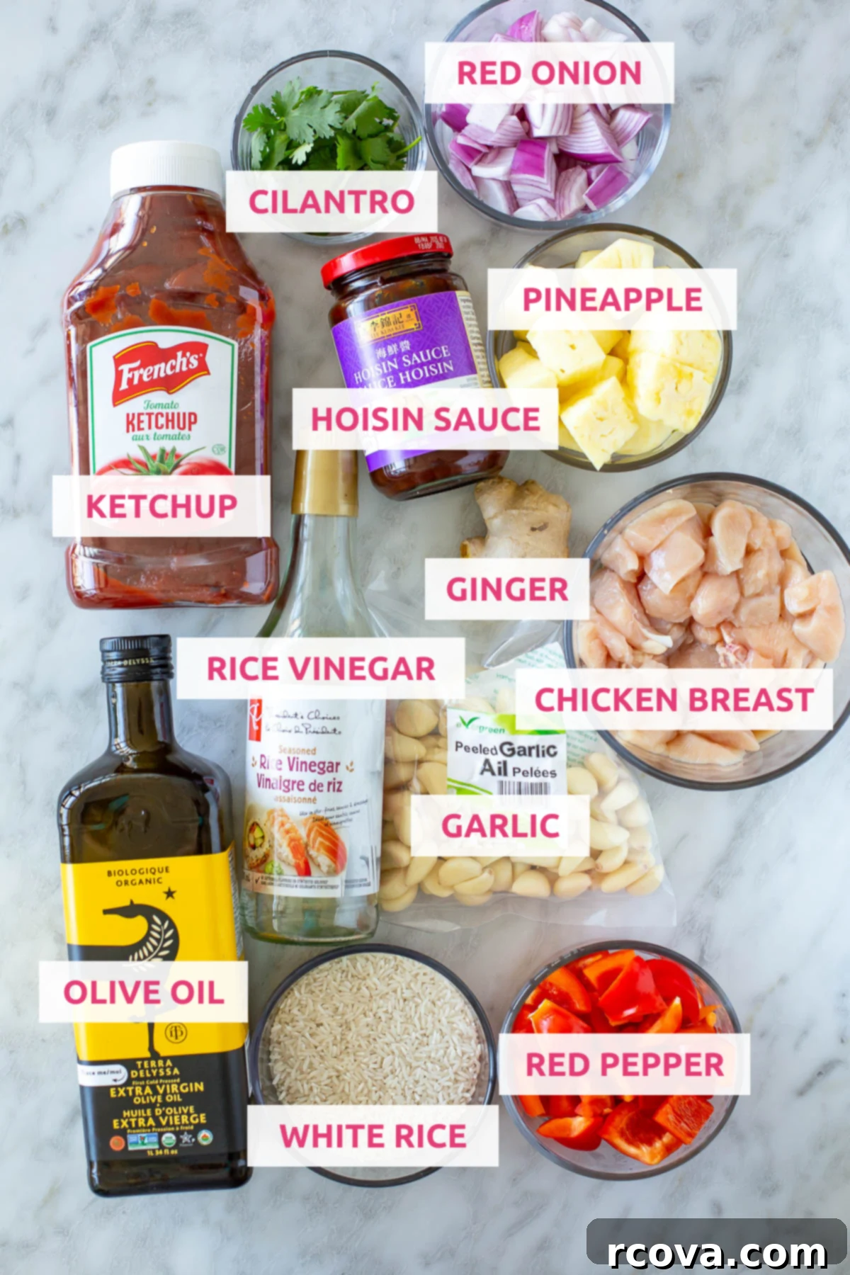 One-Pan Hawaiian Chicken 4 overhead shot of the sheet pan Hawaiian chicken ingredients with labels, showing fresh chicken, pineapple, peppers, and sauce ingredients