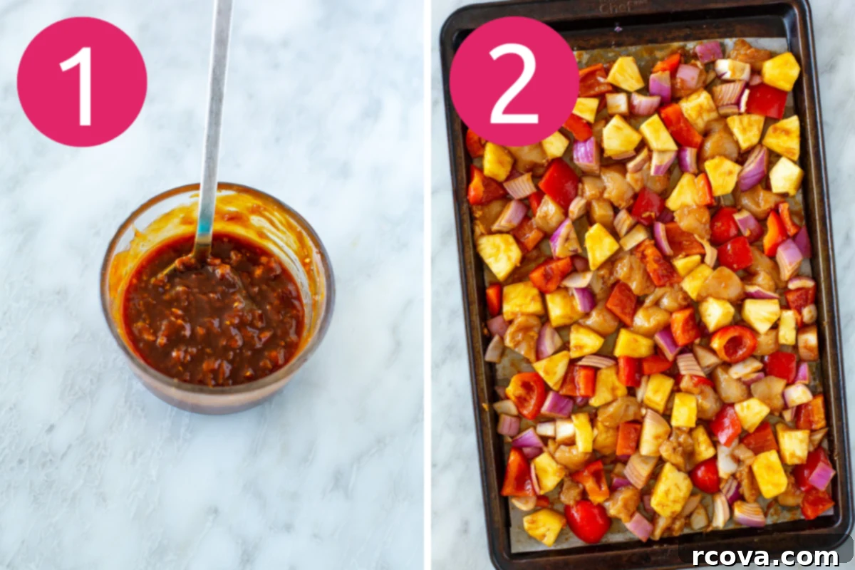 One-Pan Hawaiian Chicken 5 sheet pan Hawaiian chicken collage showing step 1: mixing sauce and step 2: arranging ingredients on pan