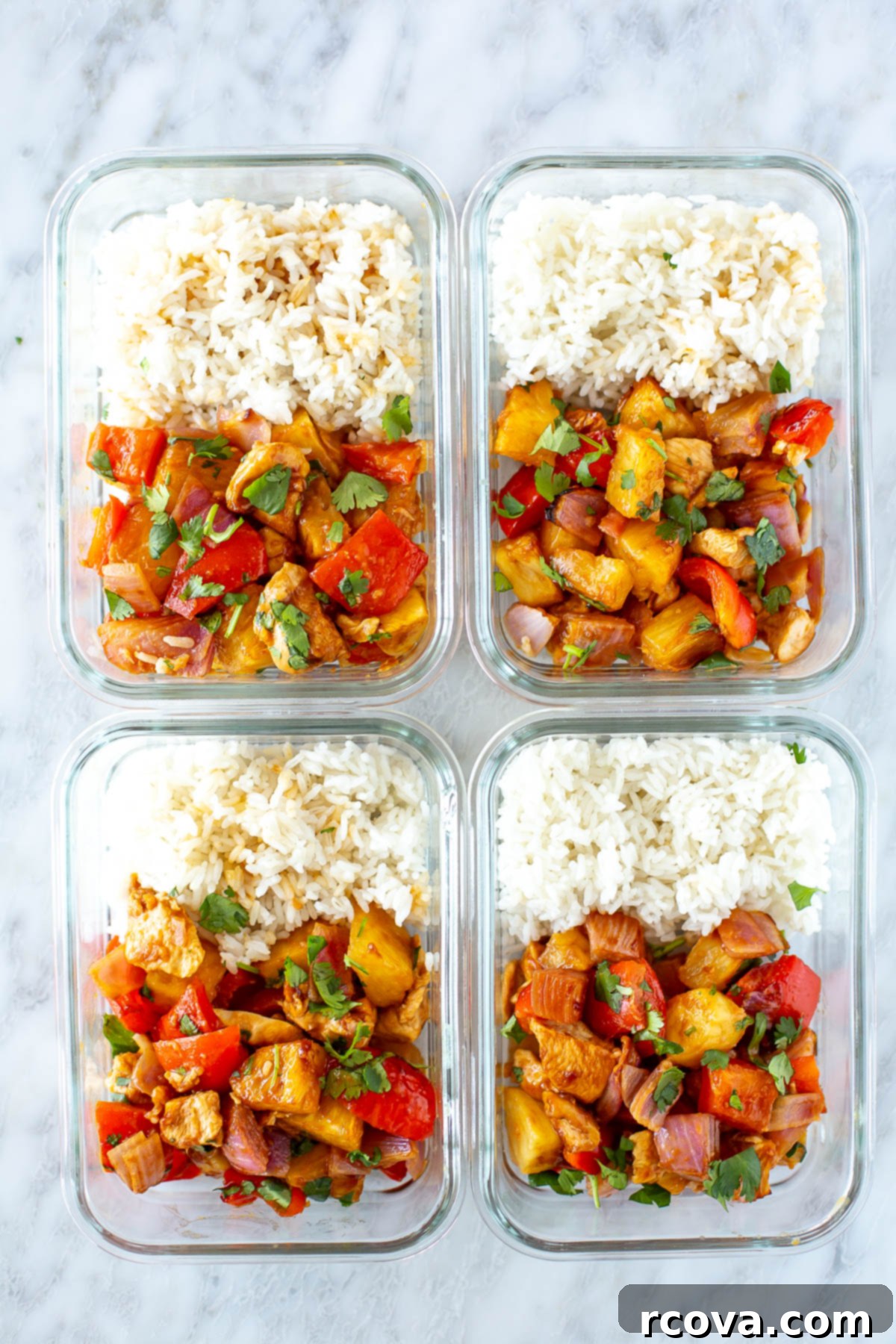 One-Pan Hawaiian Chicken 8 overhead shot of hawaiian chicken with rice on the side in a glass square meal prep container