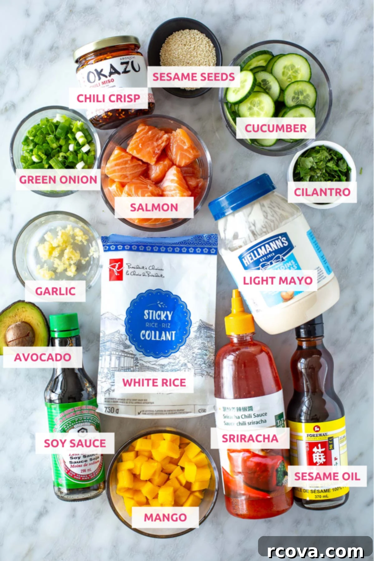 Umami Chili Crisp Salmon Bowls 4 overhead shot of chili crisp salmon bowl ingredients with labels, including salmon, soy sauce, sesame oil, garlic, avocado, mango, cucumber, cilantro, green onions, chili crisp, rice, light mayo, and sriracha