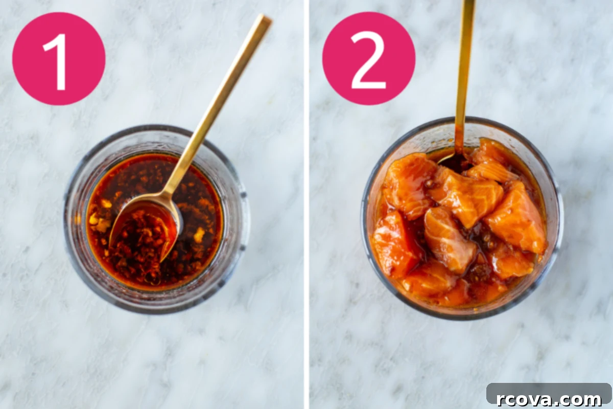 Umami Chili Crisp Salmon Bowls 5 Step-by-step image showing salmon marinating in a bowl