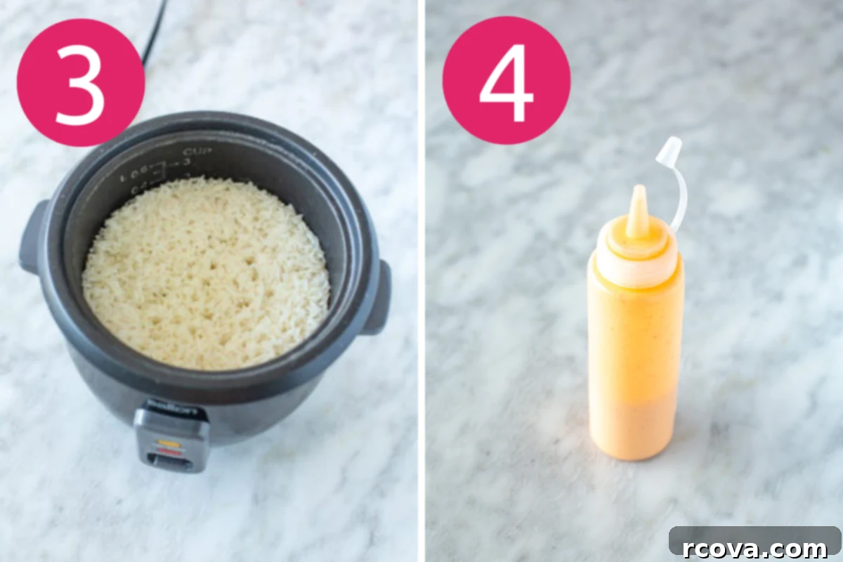 Umami Chili Crisp Salmon Bowls 6 Step-by-step image showing a pot of rice cooking