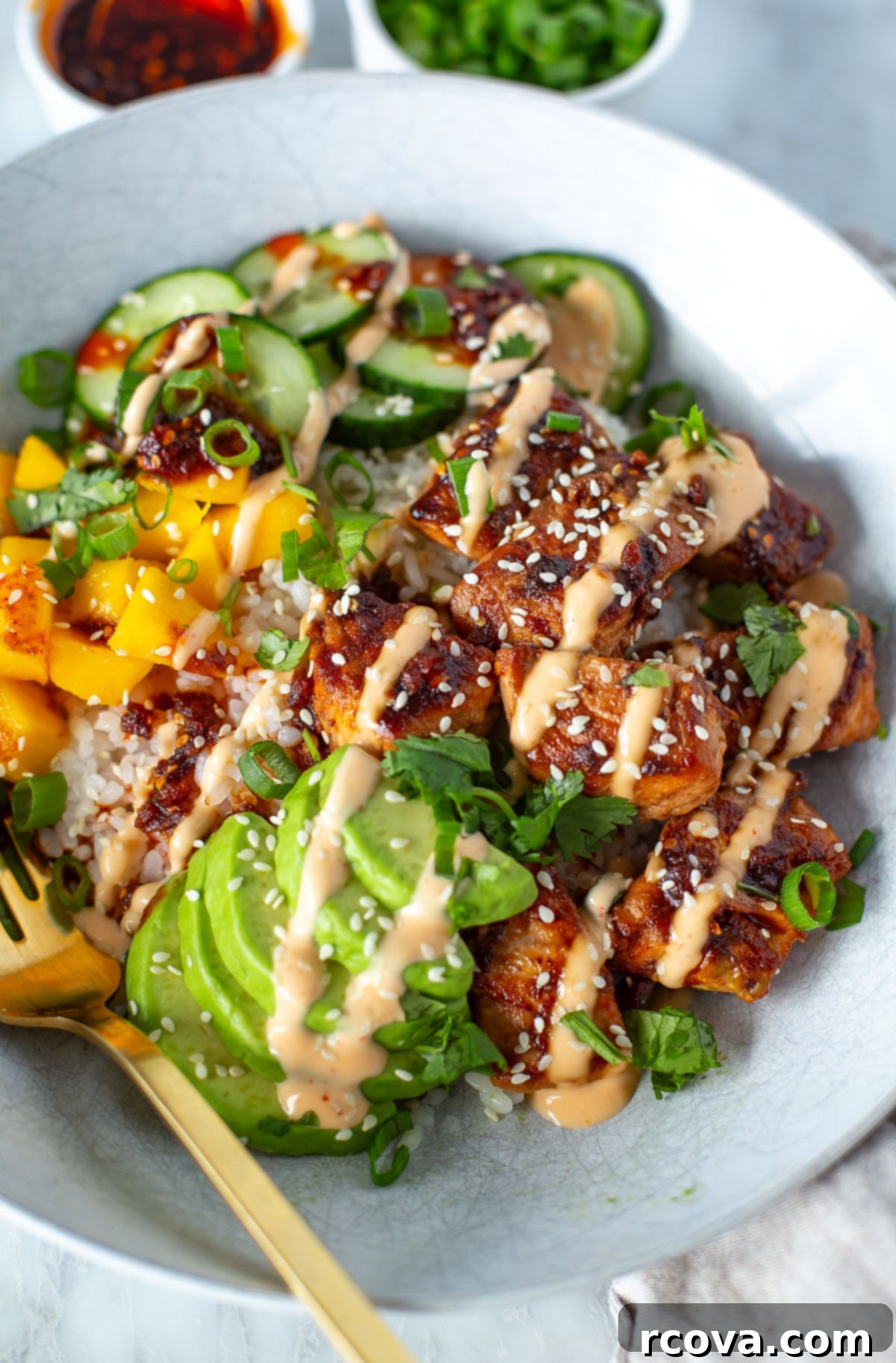 Umami Chili Crisp Salmon Bowls 8 overhead shot of a completed chili crisp salmon bowl ready to eat