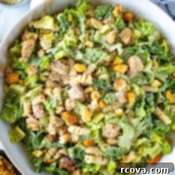 Creamy Caesar Chicken Pasta Salad 11 Overhead shot of plated Chicken Caesar pasta salad - 1