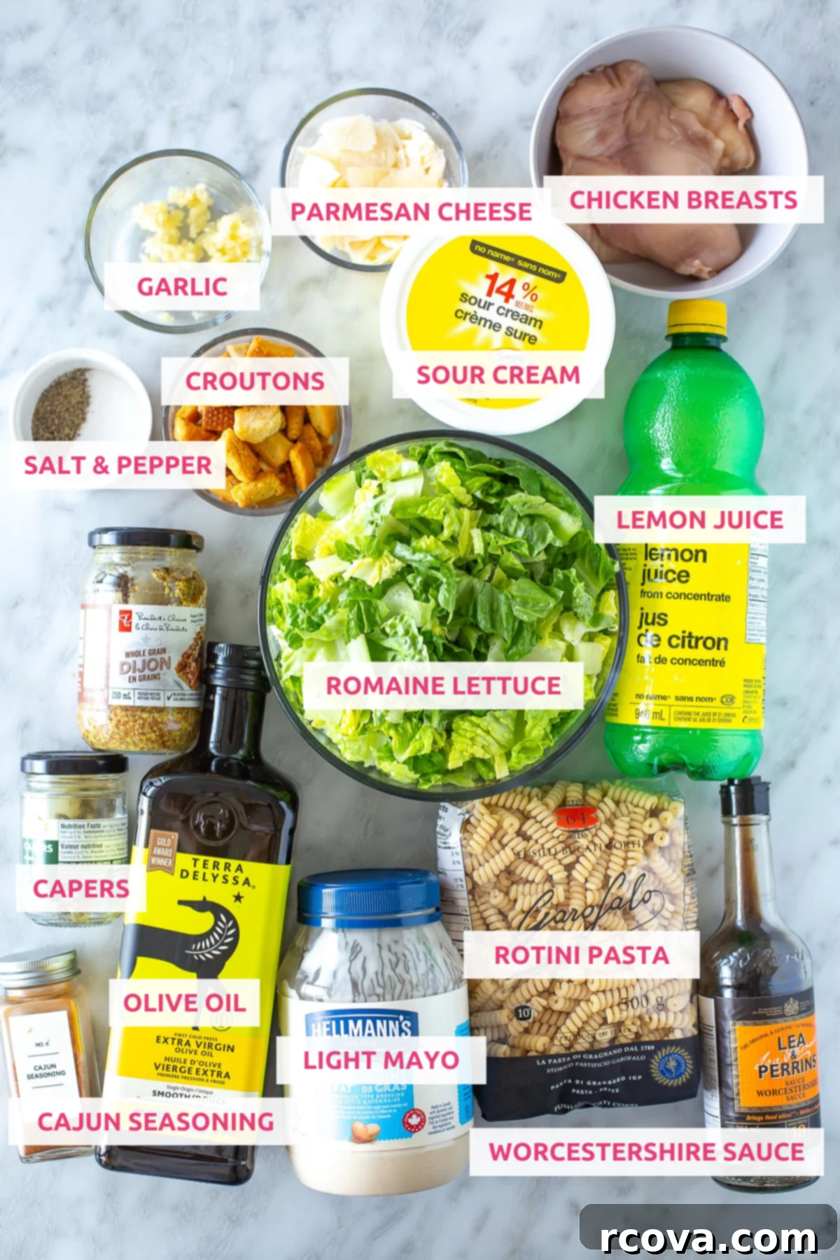 Creamy Caesar Chicken Pasta Salad 4 Overhead shot of Chicken Caesar pasta salad ingredients with label