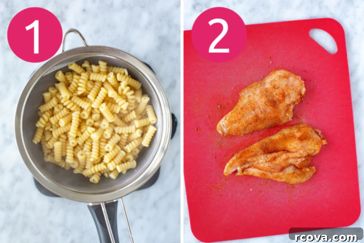 Creamy Caesar Chicken Pasta Salad 5 collage of step 1 & 2 for Chicken Caesar pasta salad