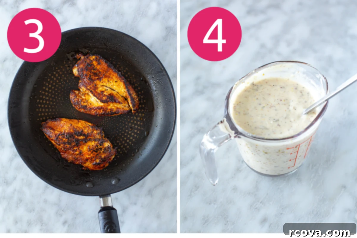 Creamy Caesar Chicken Pasta Salad 6 collage of step 3 & 4 for Chicken Caesar pasta salad