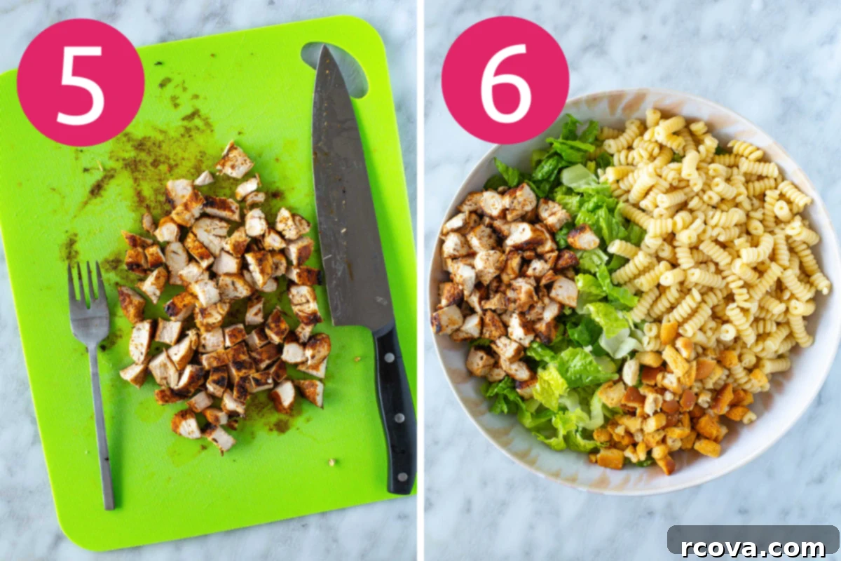 Creamy Caesar Chicken Pasta Salad 7 collage of step 5 & 6 for Chicken Caesar pasta salad