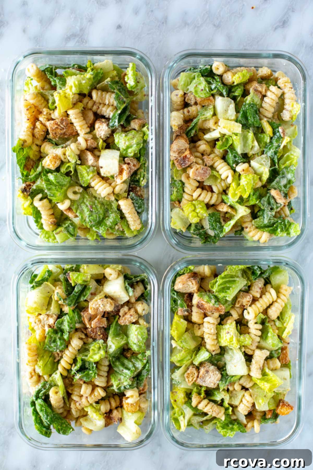 Creamy Caesar Chicken Pasta Salad 9 Overhead shot of meal-prep of chicken Caesar pasta salad