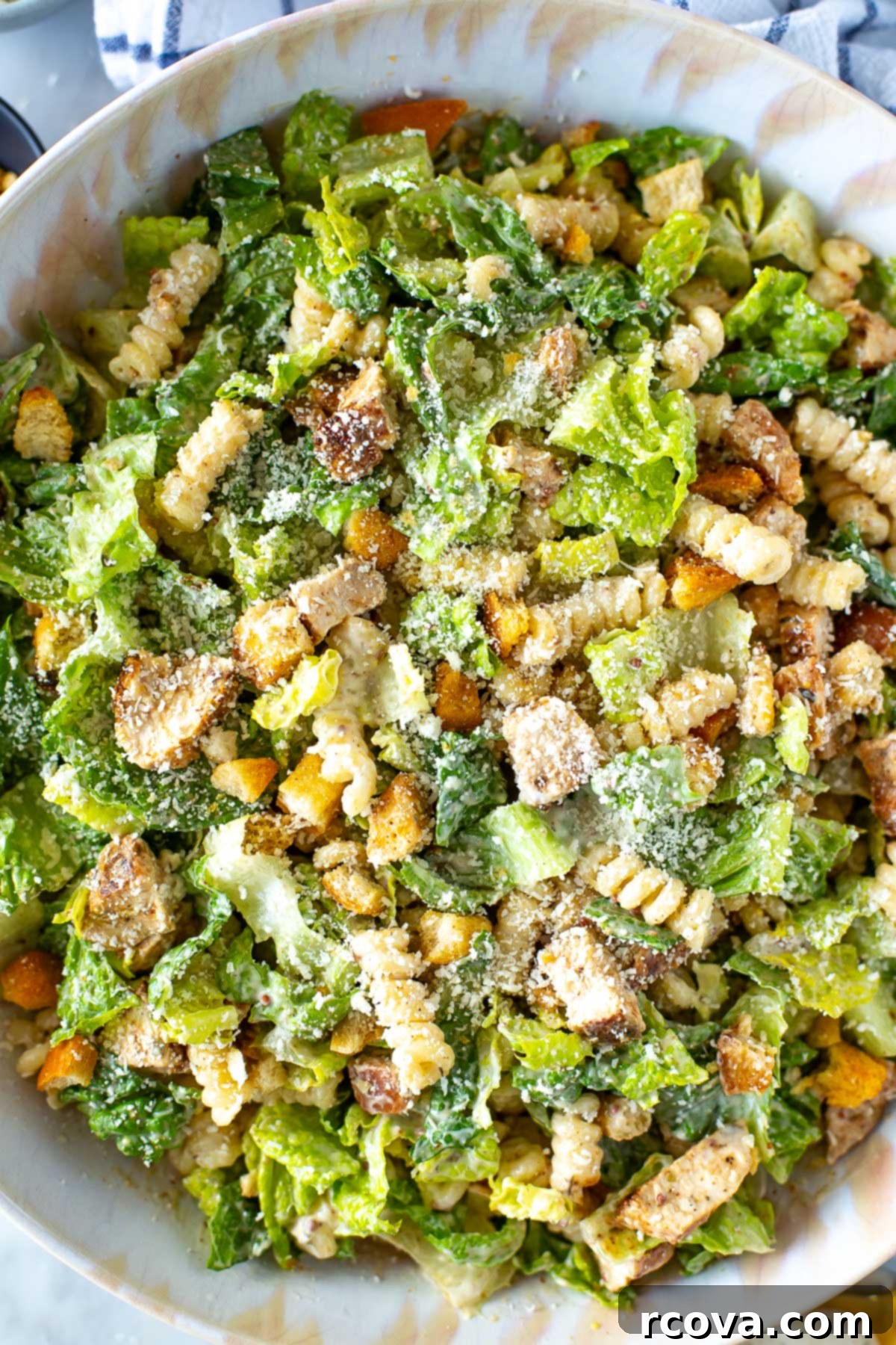 Creamy Caesar Chicken Pasta Salad 10 Overhead shot of plated Chicken Caesar pasta salad - 3