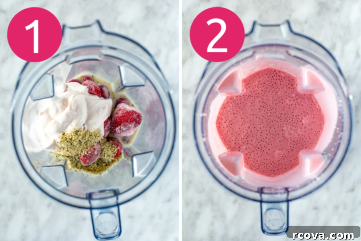 High-Protein Strawberry Power Smoothie 5 Collage showing the first two steps: adding ingredients to a blender and then blending them until smooth for a high-protein strawberry smoothie.