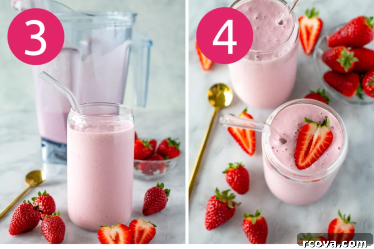 High-Protein Strawberry Power Smoothie 6 Collage showing the last two steps: pouring the finished high-protein strawberry smoothie into glasses and garnishing with fresh strawberries.