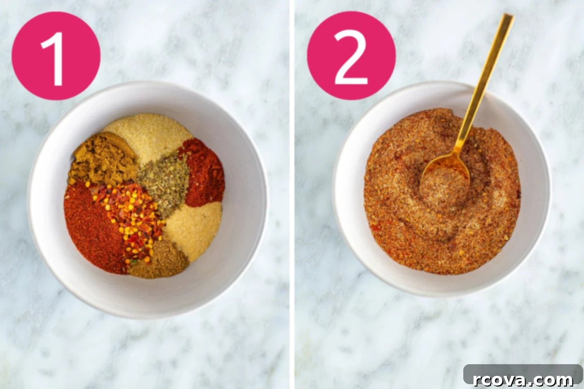 Speedy Fajita Seasoning 5 A collage showing two steps for making fajita sauce: first, a bowl with various dry spices, and second, the dry spices being mixed together with a spoon.