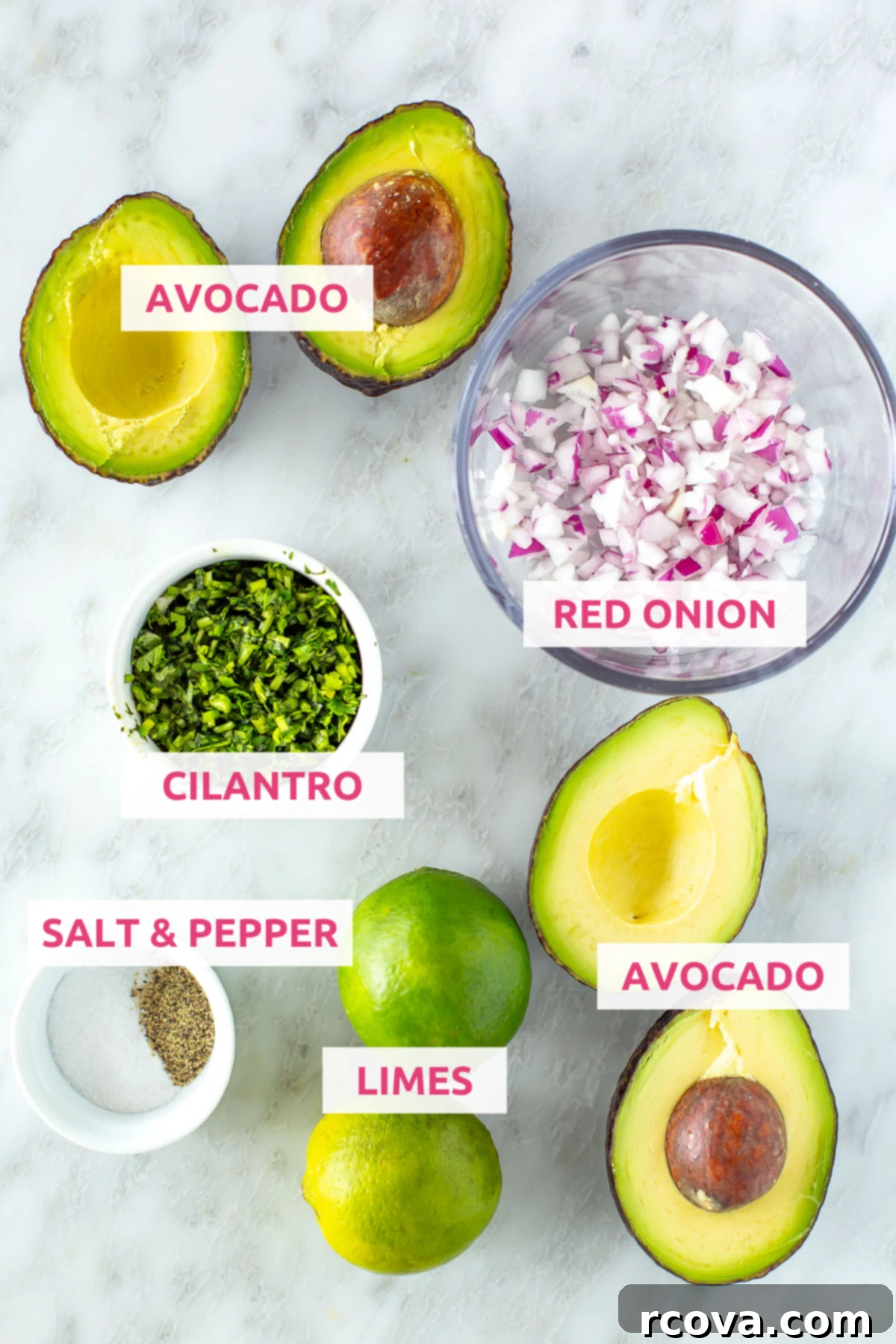 Effortless Four Ingredient Guacamole 4 overhead shot of 4-ingredient guacamole ingredients with labels