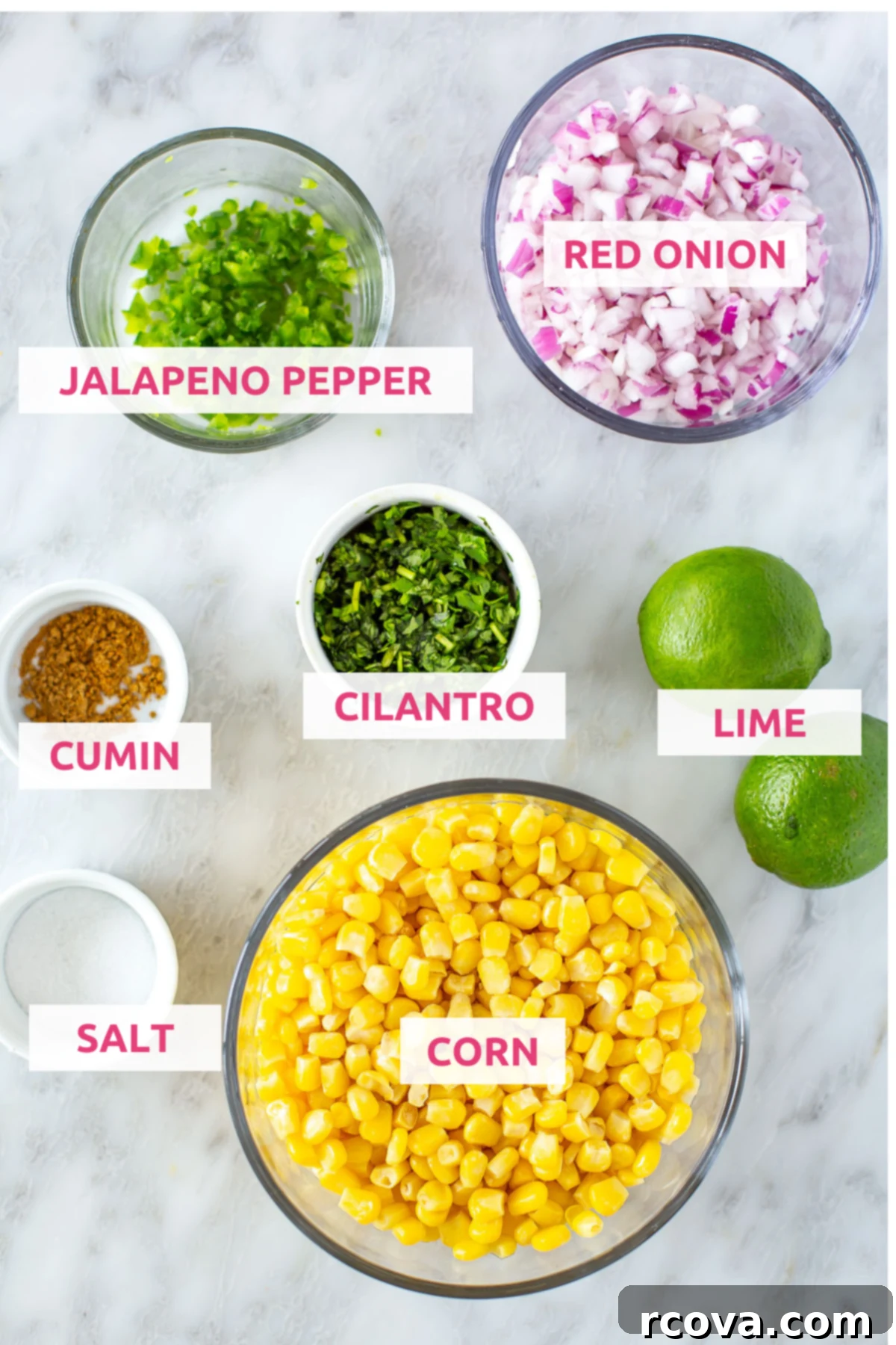 Easy Restaurant-Style Chipotle Corn Salsa 4 Overhead shot of all fresh ingredients for Chipotle corn salsa laid out with labels: corn, red onion, jalapeño, cilantro, limes, and cumin.