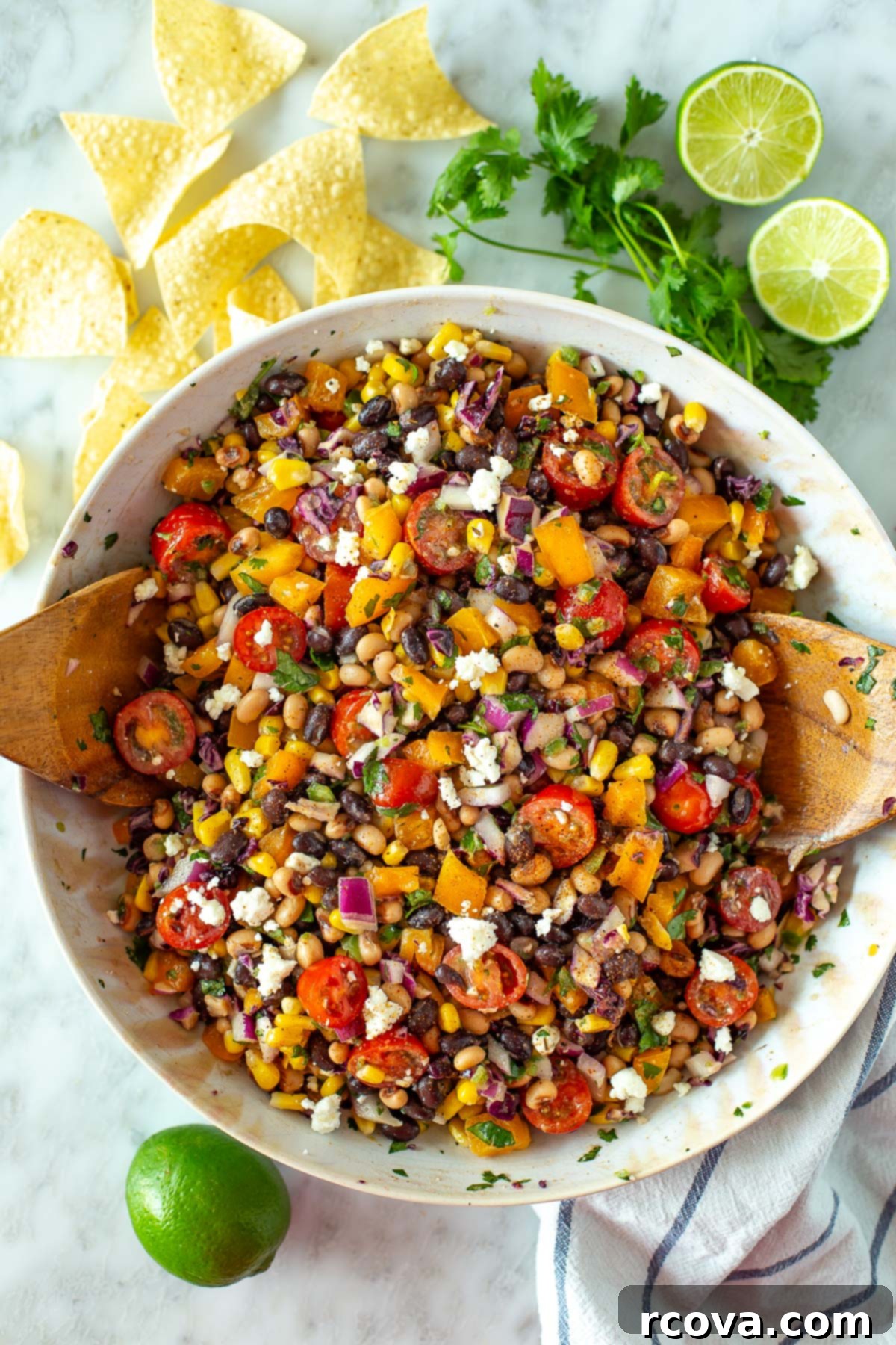 Southwest Fiesta Bean Salad 2 Vibrant overhead shot of Southwest Dense Bean Salad in a large bowl, ready to serve.