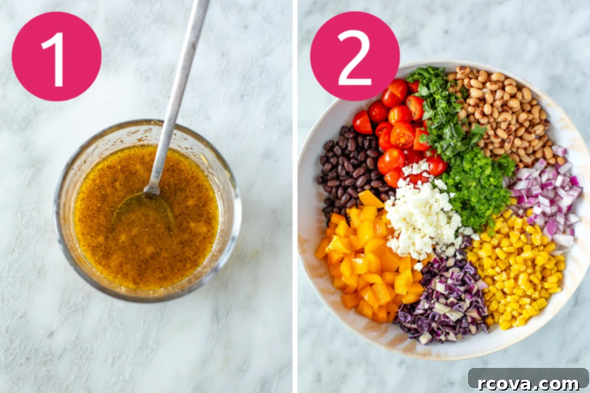 Southwest Fiesta Bean Salad 5 Step-by-step collage showing whisking the dressing and combining vegetables for Southwest Dense Bean Salad.