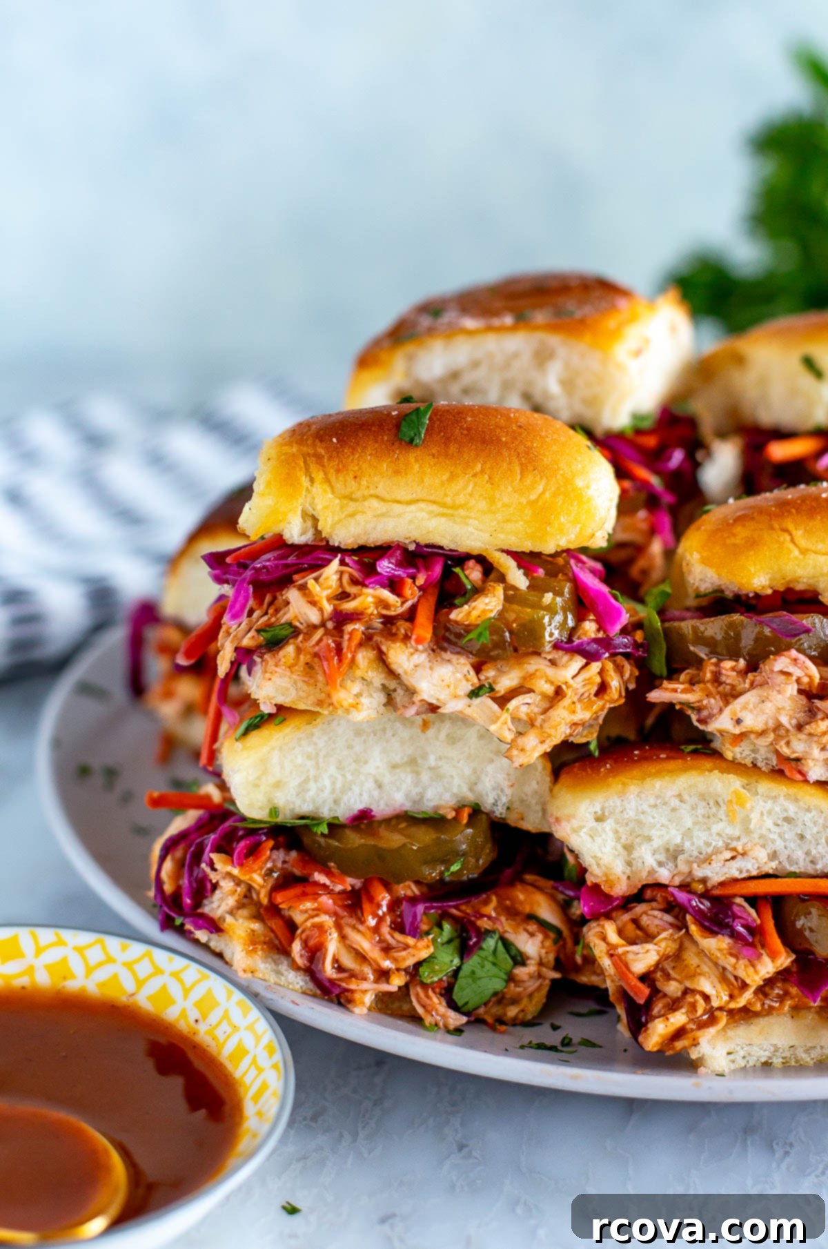 No-Fuss BBQ Chicken Sliders 2 side shot of the plated dish of BBQ Chicken Sliders