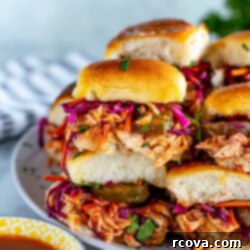 No-Fuss BBQ Chicken Sliders 11 side shot of the plated dish of BBQ Chicken Sliders