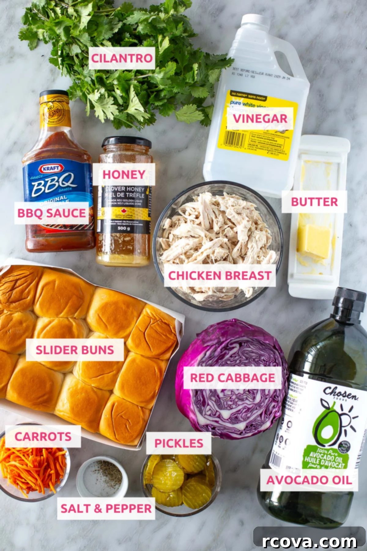 No-Fuss BBQ Chicken Sliders 4 Overhead shot of BBQ chicken sliders ingredients with labels