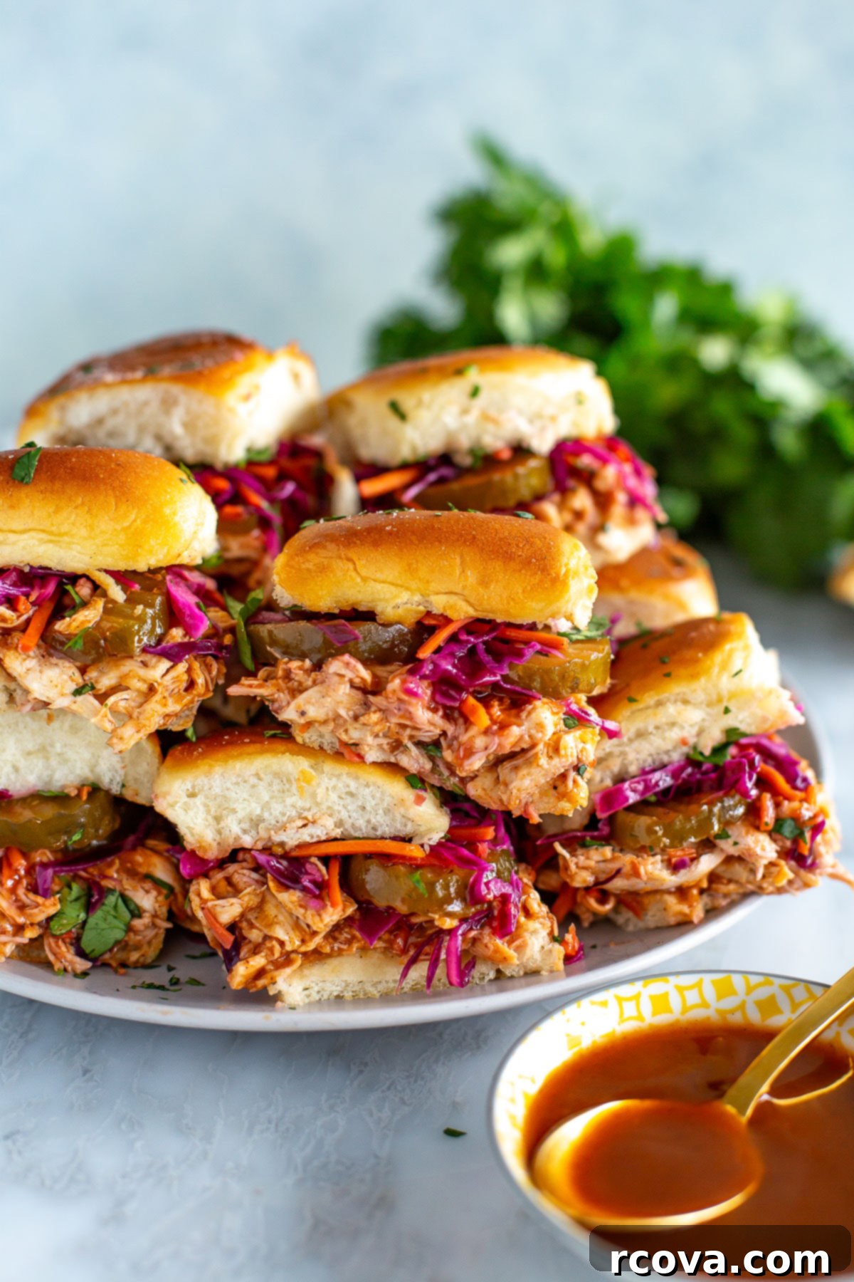 No-Fuss BBQ Chicken Sliders 8 side shot of the plated dish of BBQ Chicken Sliders 2