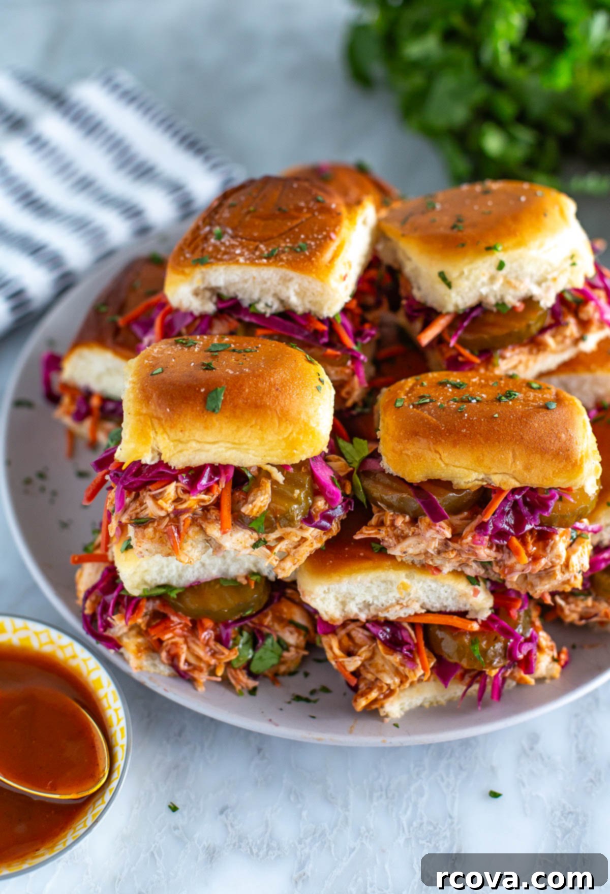 No-Fuss BBQ Chicken Sliders 10 side shot of the plated dish of BBQ Chicken Sliders 3
