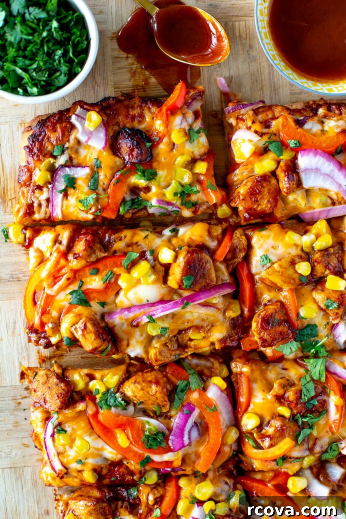 Effortless BBQ Chicken Flatbread 2 overhead shot of the dish - BBQ Chicken Flatbread with fresh cilantro and vibrant toppings, ready to be sliced.