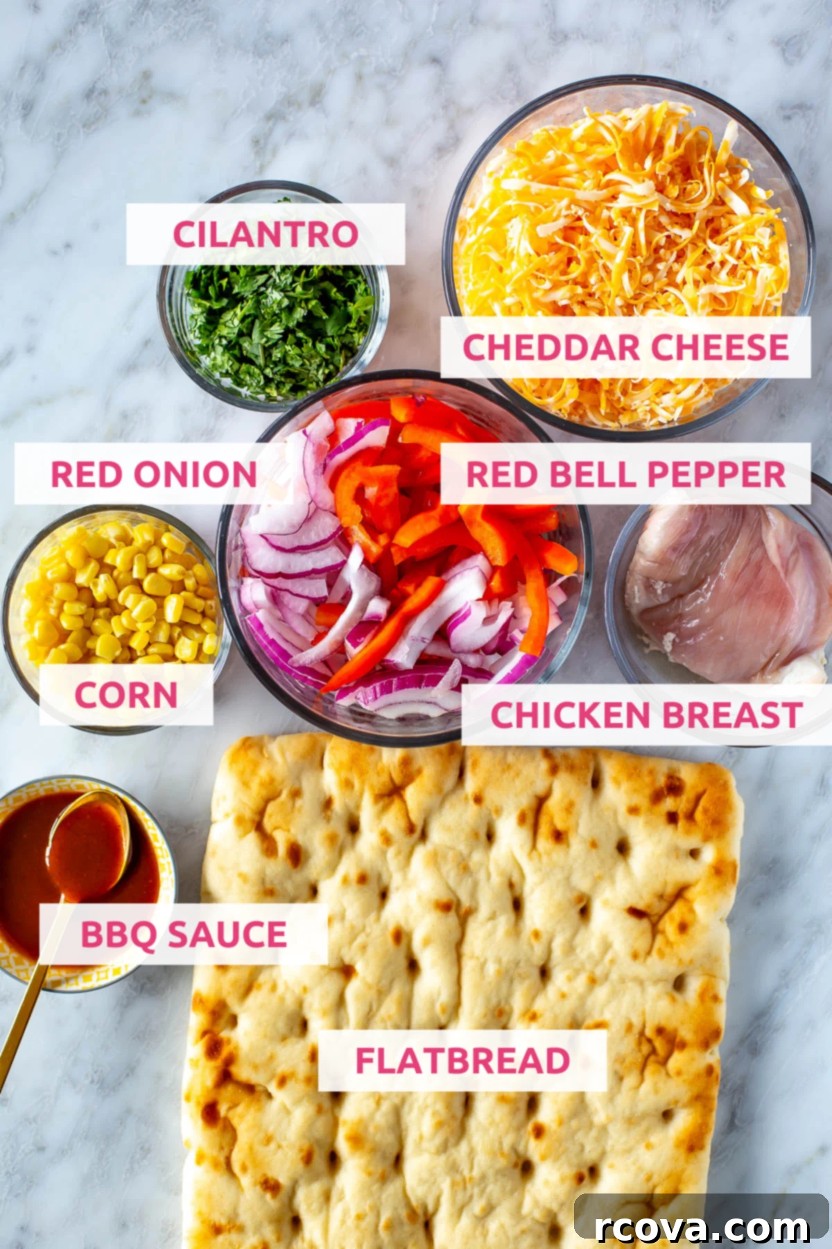 Effortless BBQ Chicken Flatbread 4 Overhead shot of ingredients for BBQ Chicken Flatbread with labels for each item, demonstrating fresh and prepared components.
