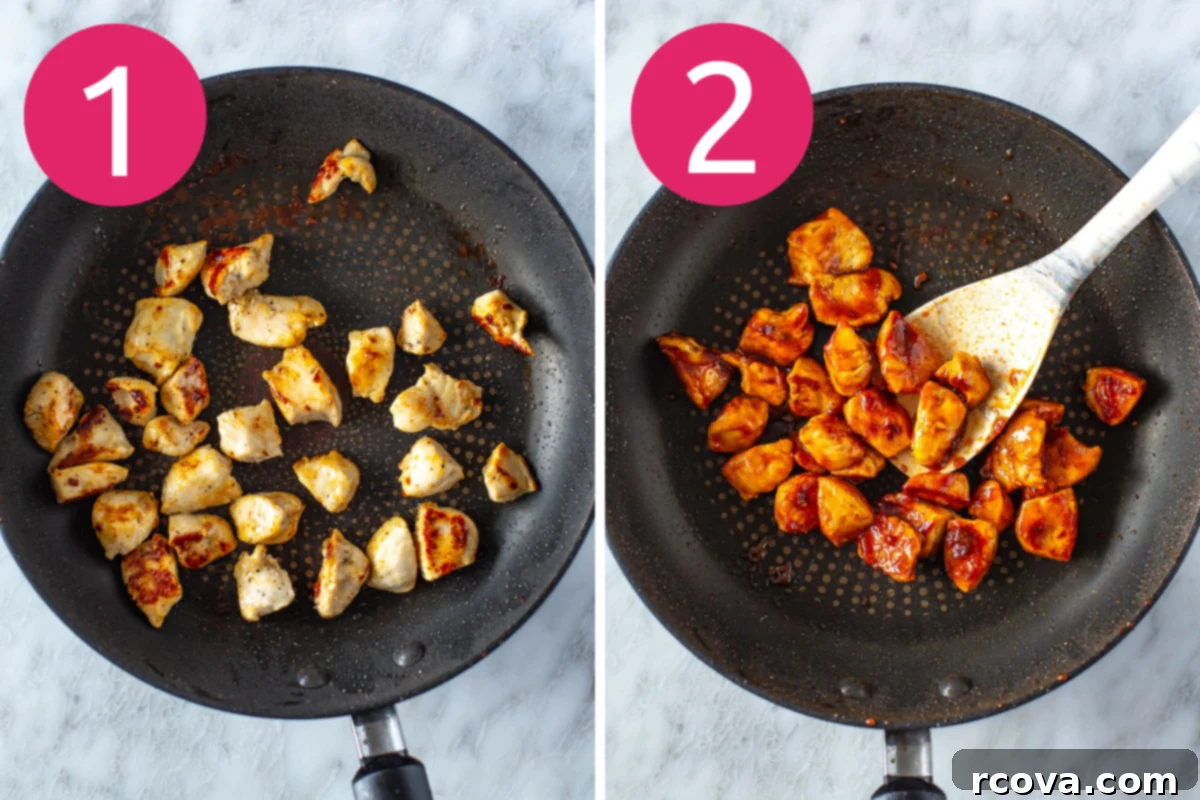 Effortless BBQ Chicken Flatbread 5 collage shots of BBQ chicken flatbread step 1 & 2, showing diced chicken cooking in a skillet and then being tossed with BBQ sauce.