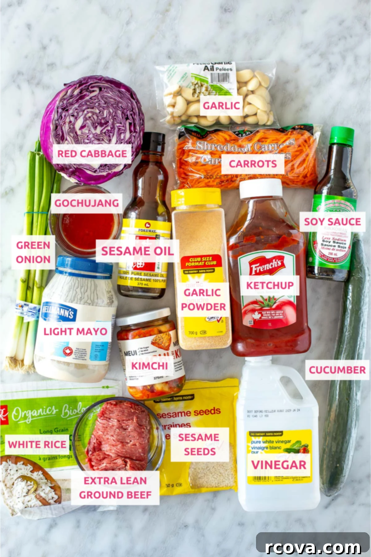 Weeknight Korean Beef Bowls 4 Overhead shot of all the ingredients for easy Korean beef bowls, neatly arranged with labels.