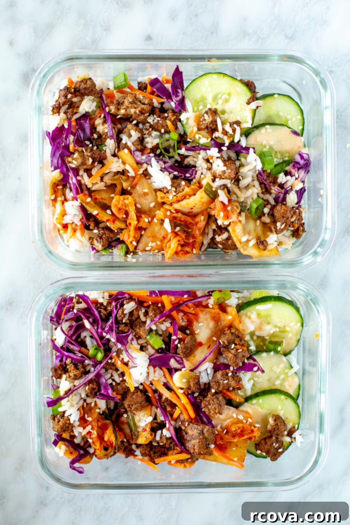 Weeknight Korean Beef Bowls 9 Overhead shot of two meal prep containers filled with Korean Beef Bowls, perfectly portioned.