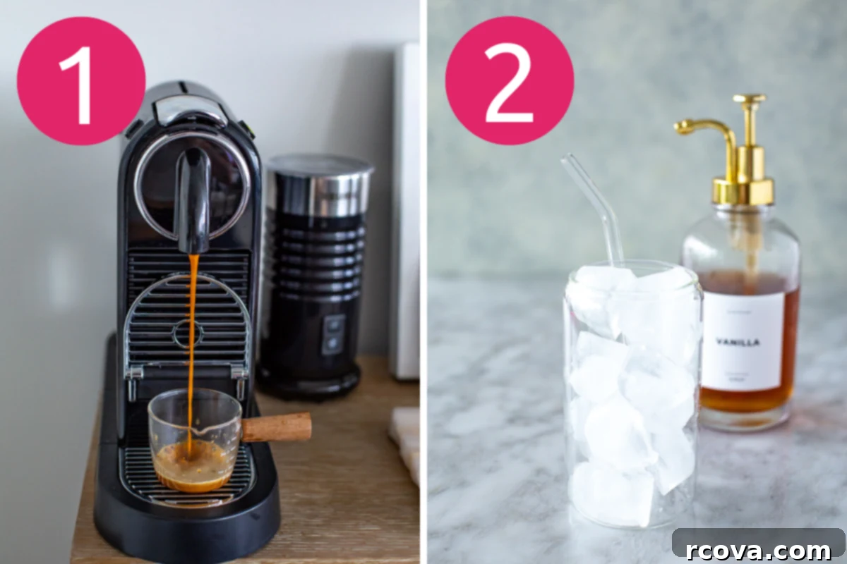 Instant Iced Vanilla Latte 5 Collage image of Iced Vanilla Latte (Ready in 5 Minutes!) step 1 & 2.