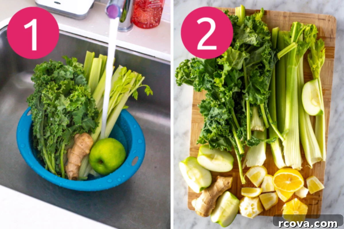 Your Quick Green Elixir 5 Collage image showing the first two steps of making Easy Green Juice: washing produce under running water and preparing ingredients on a cutting board.