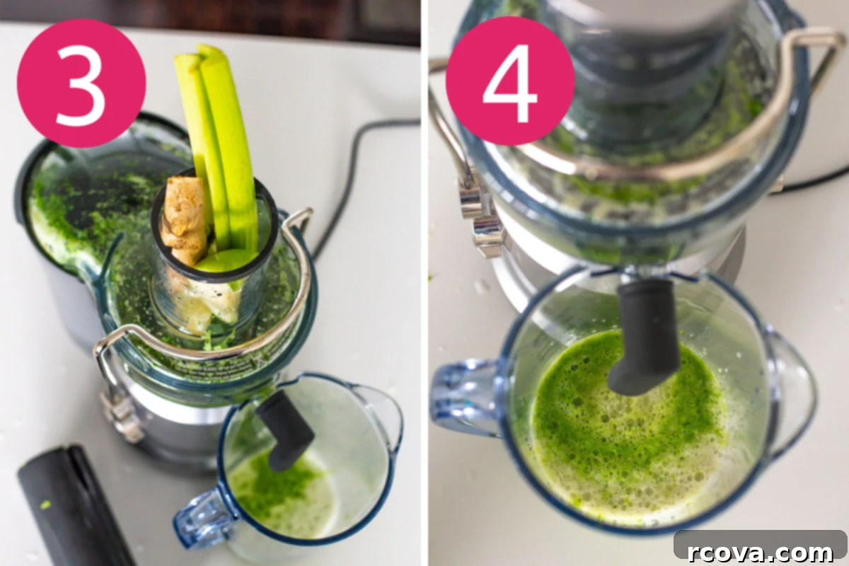 Your Quick Green Elixir 6 Collage image showing steps 3 and 4 of making Easy Green Juice: adding prepped ingredients to a juicer and collecting the fresh green juice in a pitcher.